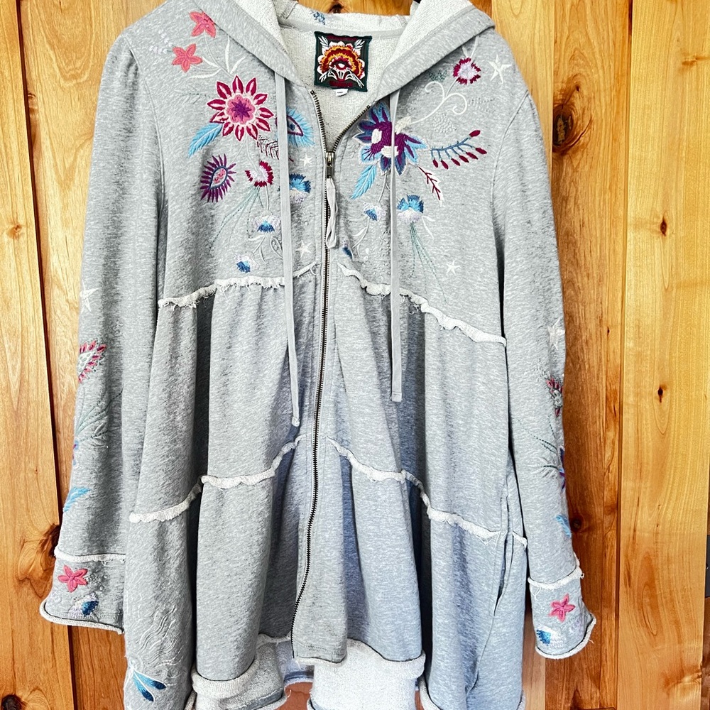 Johnny Was Phoebe Gray Embroidered Hooded Jacket